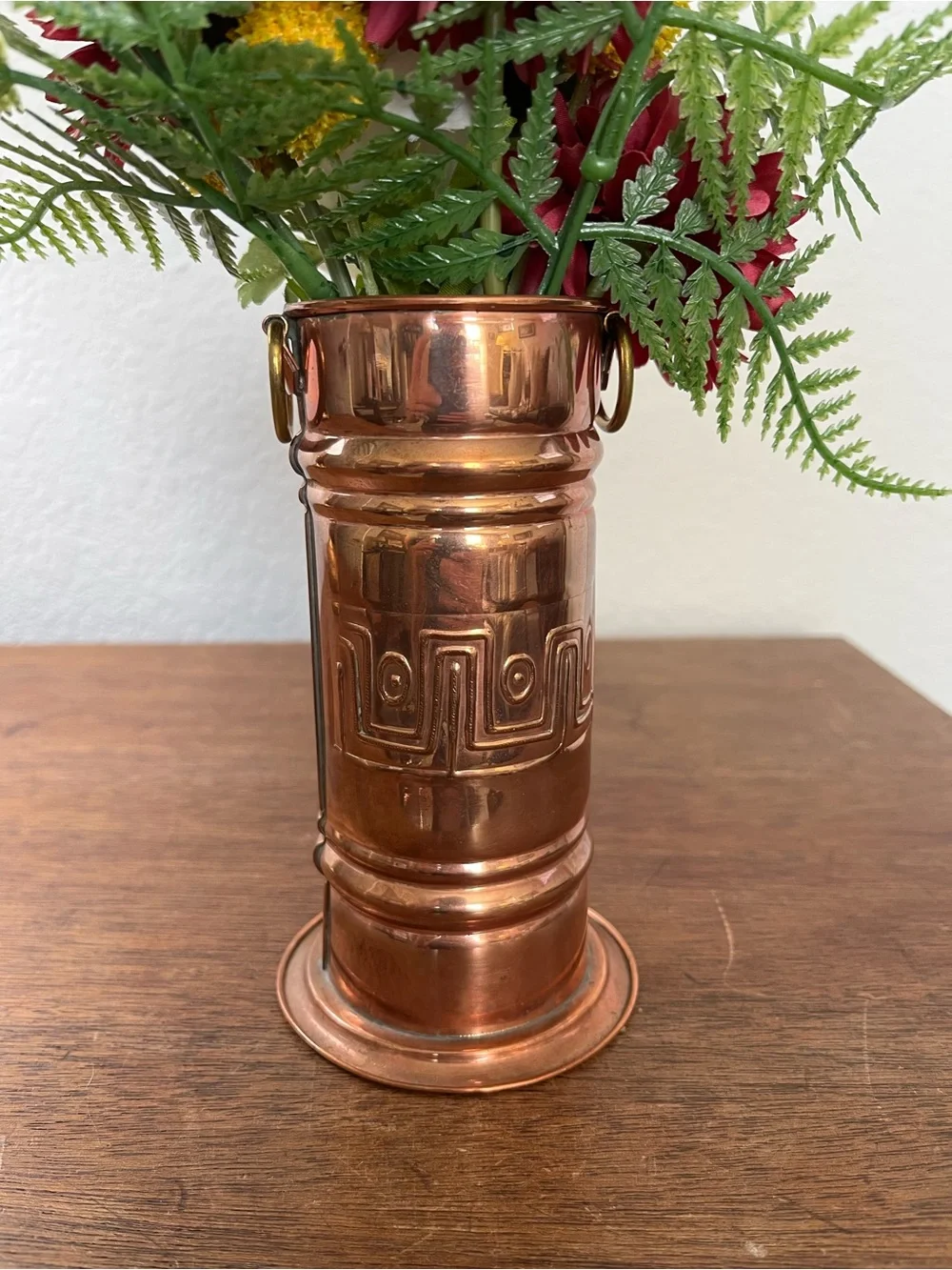 Vintage French hammered copper vase with brass handles
